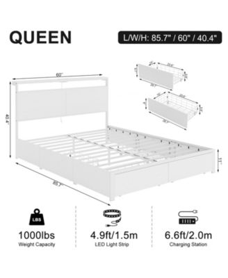 Modern Queen Size Bed Frame with 4 Storage Drawers & LED Headboard & Charging Station