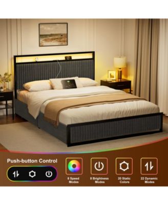 Upholstered Full Bed Frame with 2 Storage Drawers, LED Headboard, USB Ports, Dark Gray