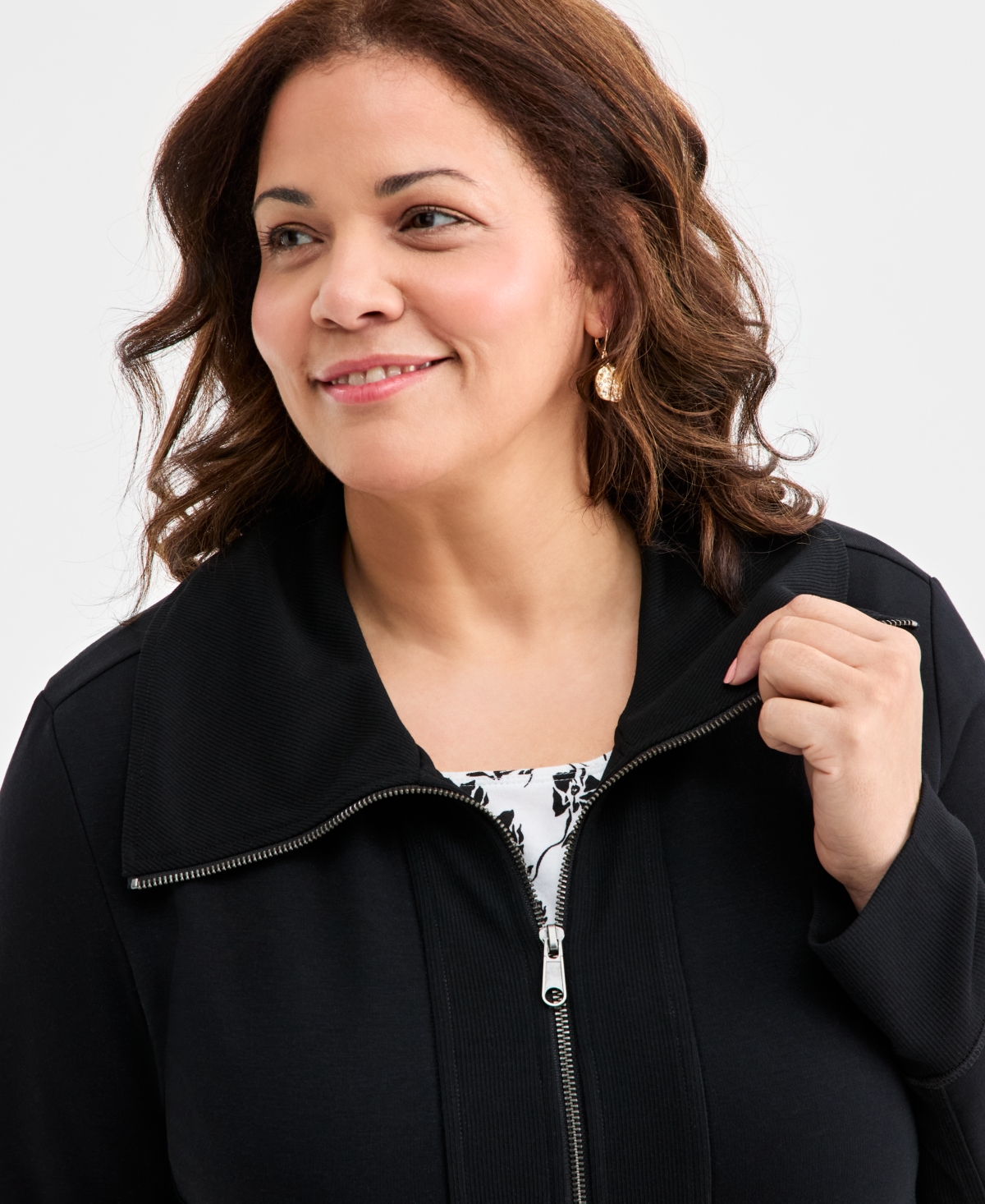 Style & Co Plus Size Fleece Zip-front Tunic, Exclusively At Macy's In Black