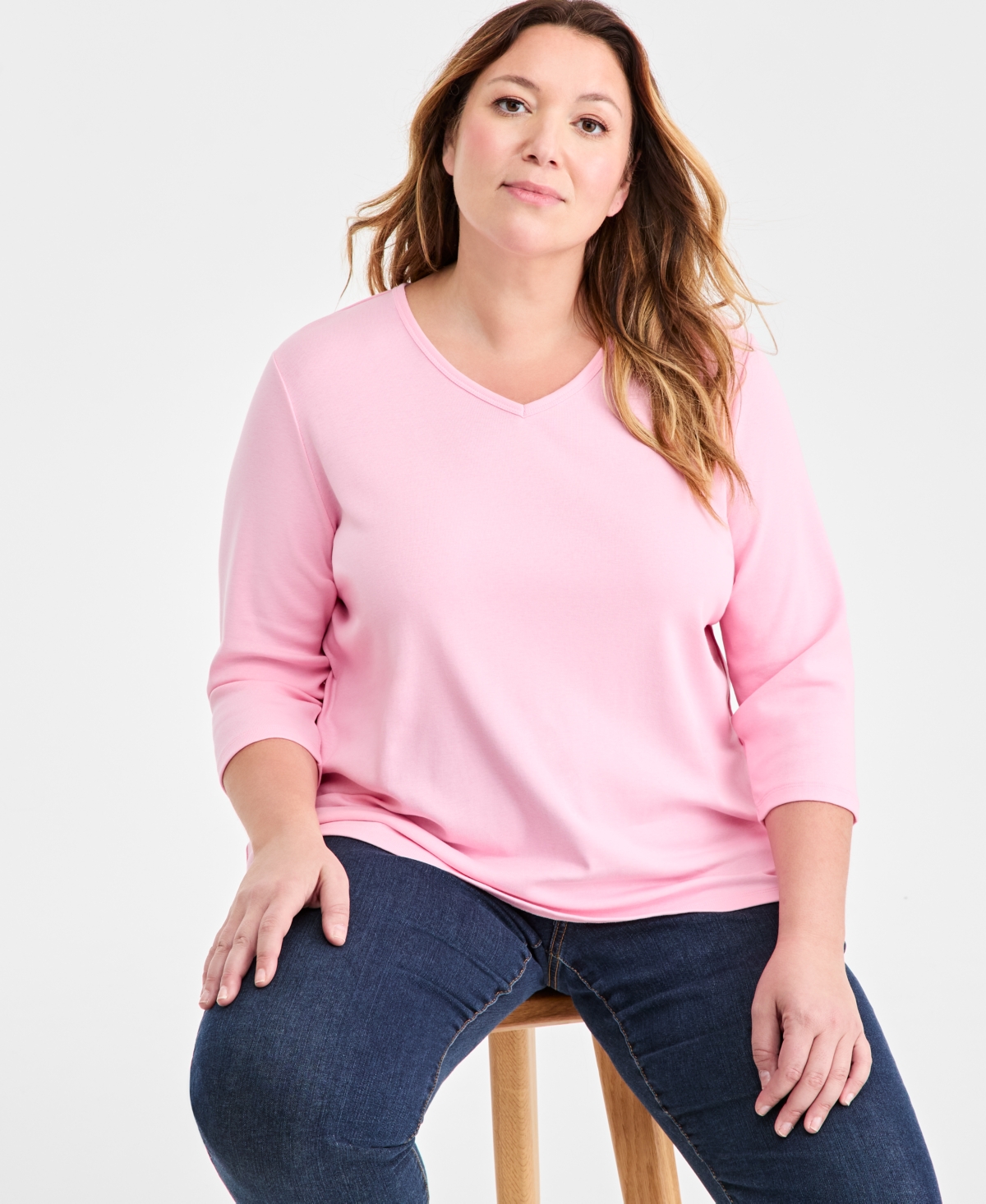 Style & Co Plus Size Cotton V-neck 3/4-sleeve Top, Exclusively At Macy's In Pink