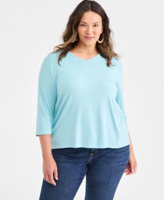 Plus Size Cotton V-Neck 3/4-Sleeve Top