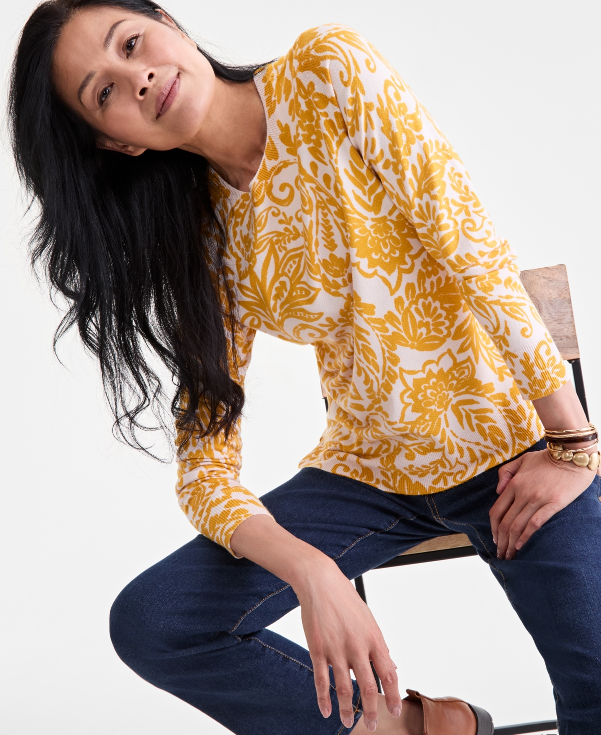 Style & Co Women's Printed Crewneck Sweater, Macy's Exclusive In Yellow