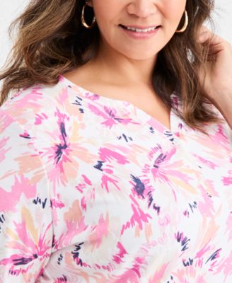 Plus Size Printed Henley 3/4-Sleeve Top, Macy's Exclusive 