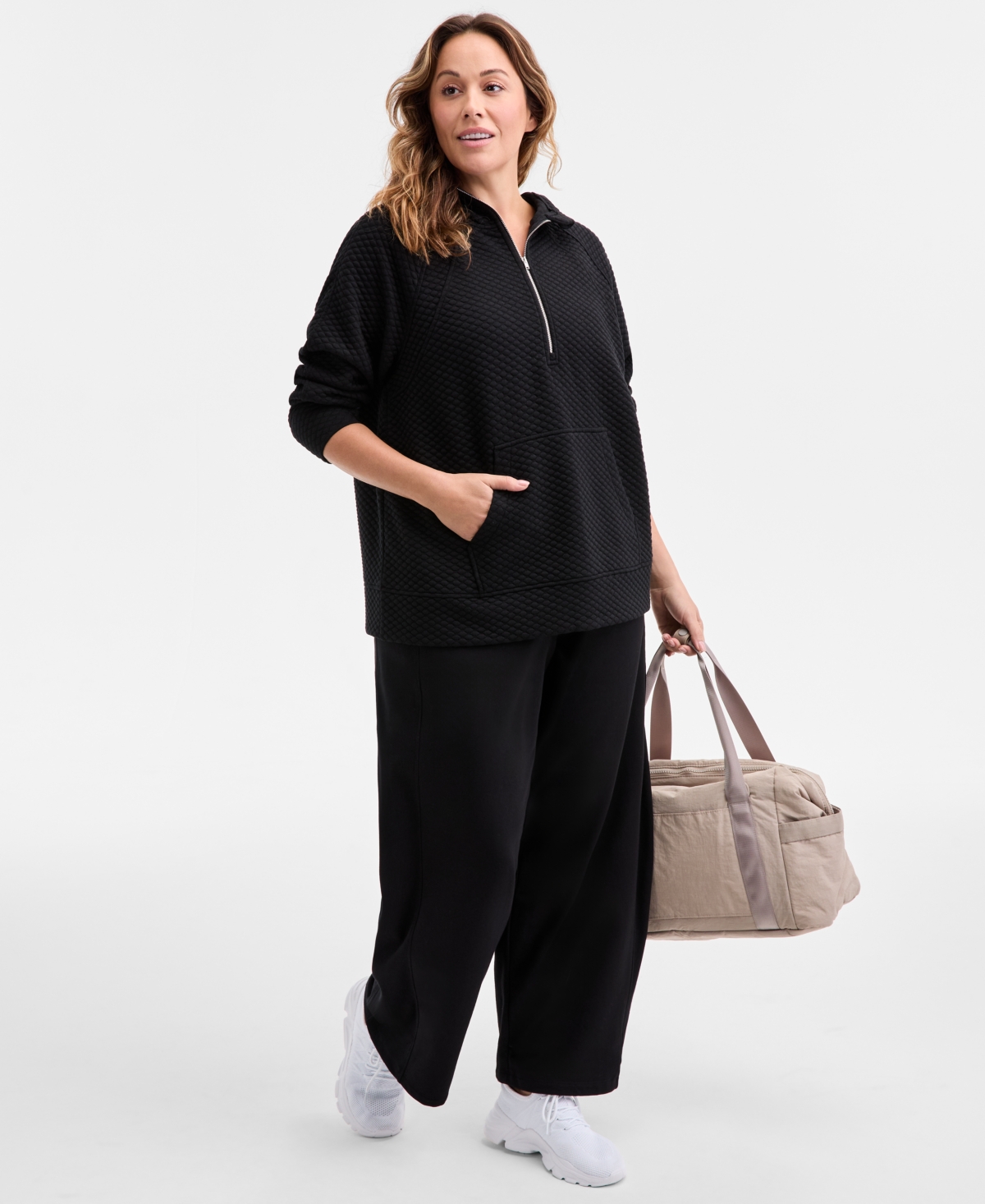 Id Ideology Women's Relaxed Quilted Half-zip Hoodie, Macy's Exclusive In Black