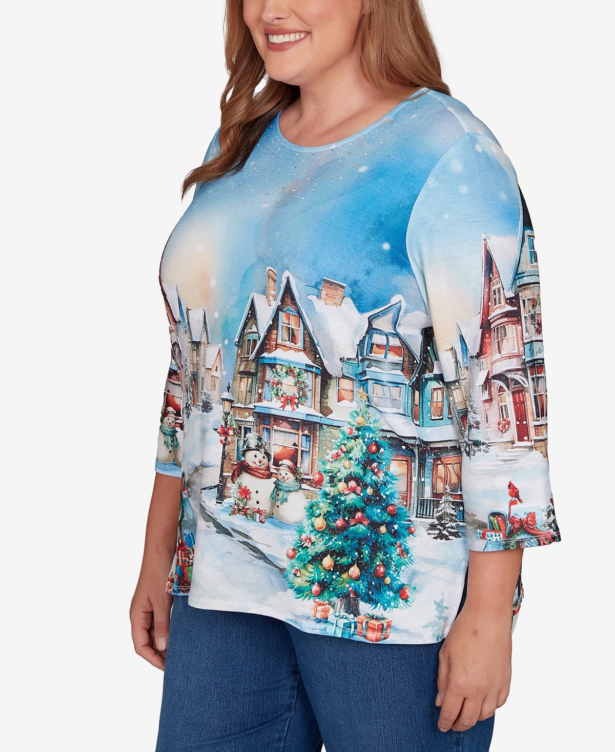 Alfred Dunner Plus Size Classic Embellished Snow Cabin Village Scene Crew Neck Top In Blue