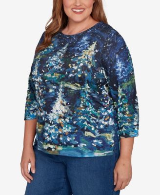 Plus Size Classic Starry Night Holiday Tree Crew Neck Top