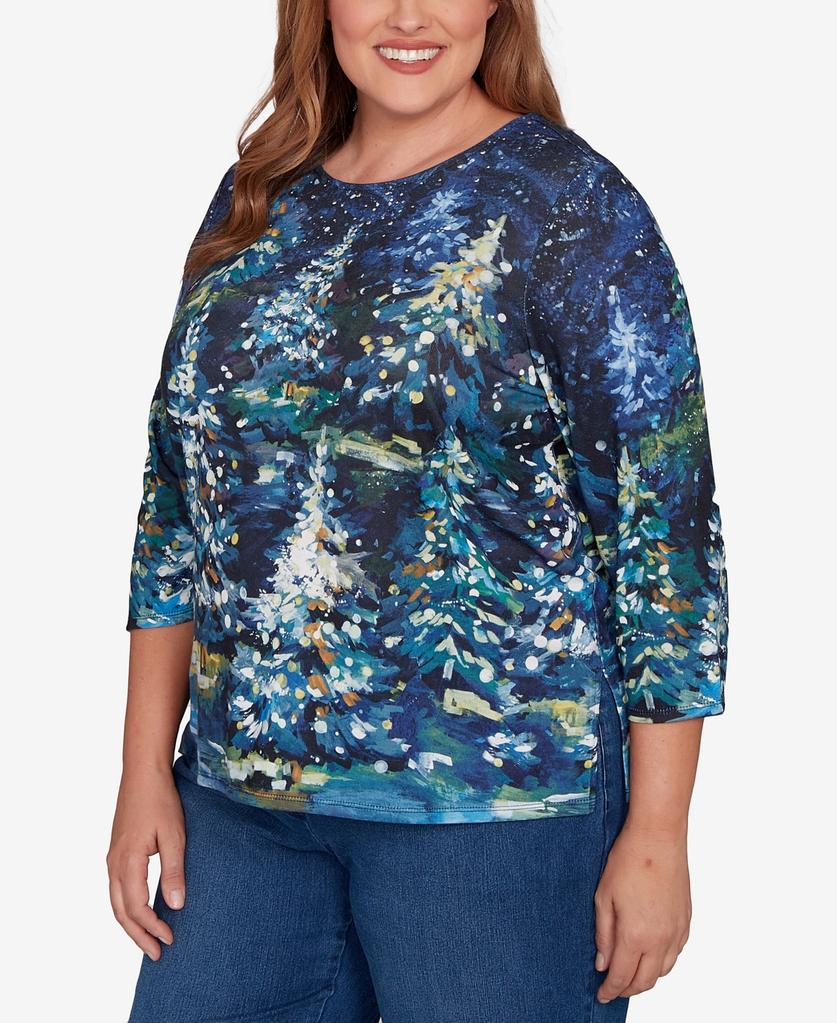 Alfred Dunner Plus Size Classic Starry Night Holiday Tree Crew Neck Top In Blue