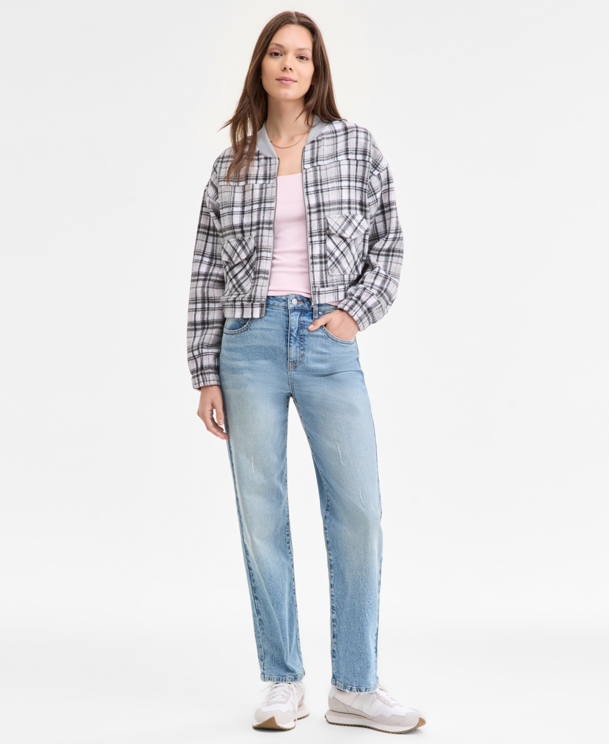 Madden Girl Juniors' Plaid-print Bomber Jacket In Black