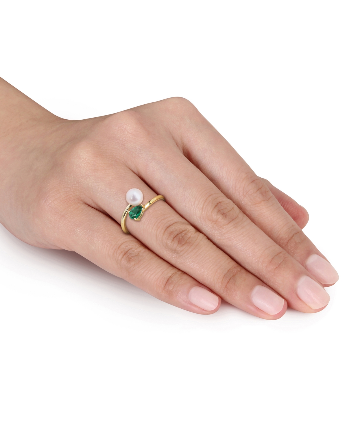 Macy's Cultured Freshwater Pearl & Lab-created Emerald Ring (3/8 Ct. T.w.) In 18k Gold-plated Sterling Silv In Gold