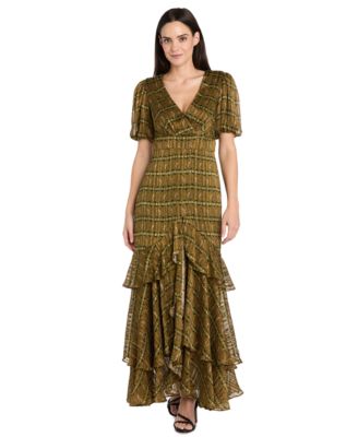 R & M Richards - Women's Satin Metallic Stripe Puff-Sleeve Dress