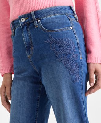 Petite Embroidered High-Rise Straight-Leg Jeans, Macy's Exclusive