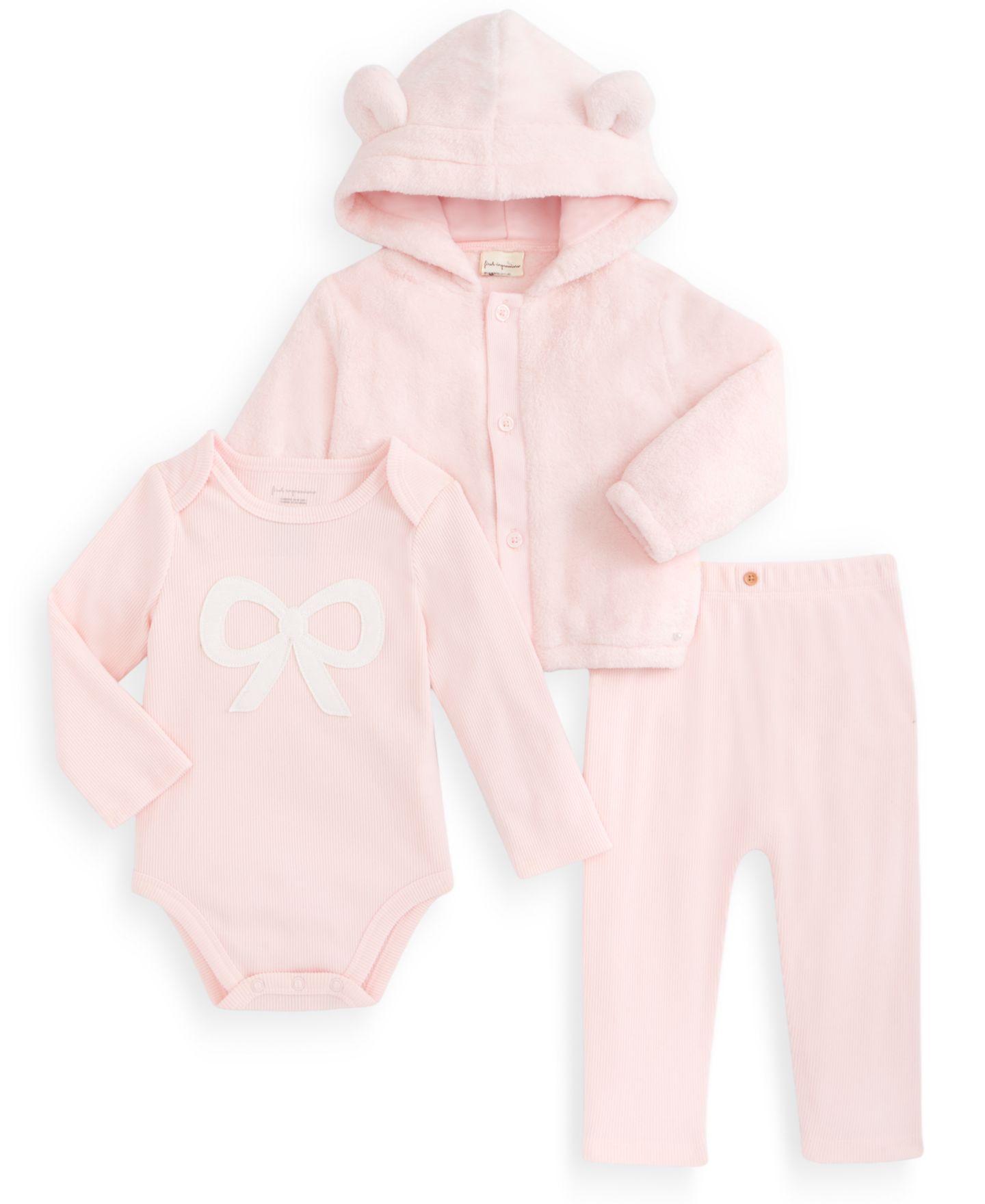 Комплекты First Impressions Everyday Baby Essentials Baby Hooded Faux-Sherpa Jacket, Bow Bodysuit and Brushed Rib Pants для мальчиков, цвет: Белый — фото 1