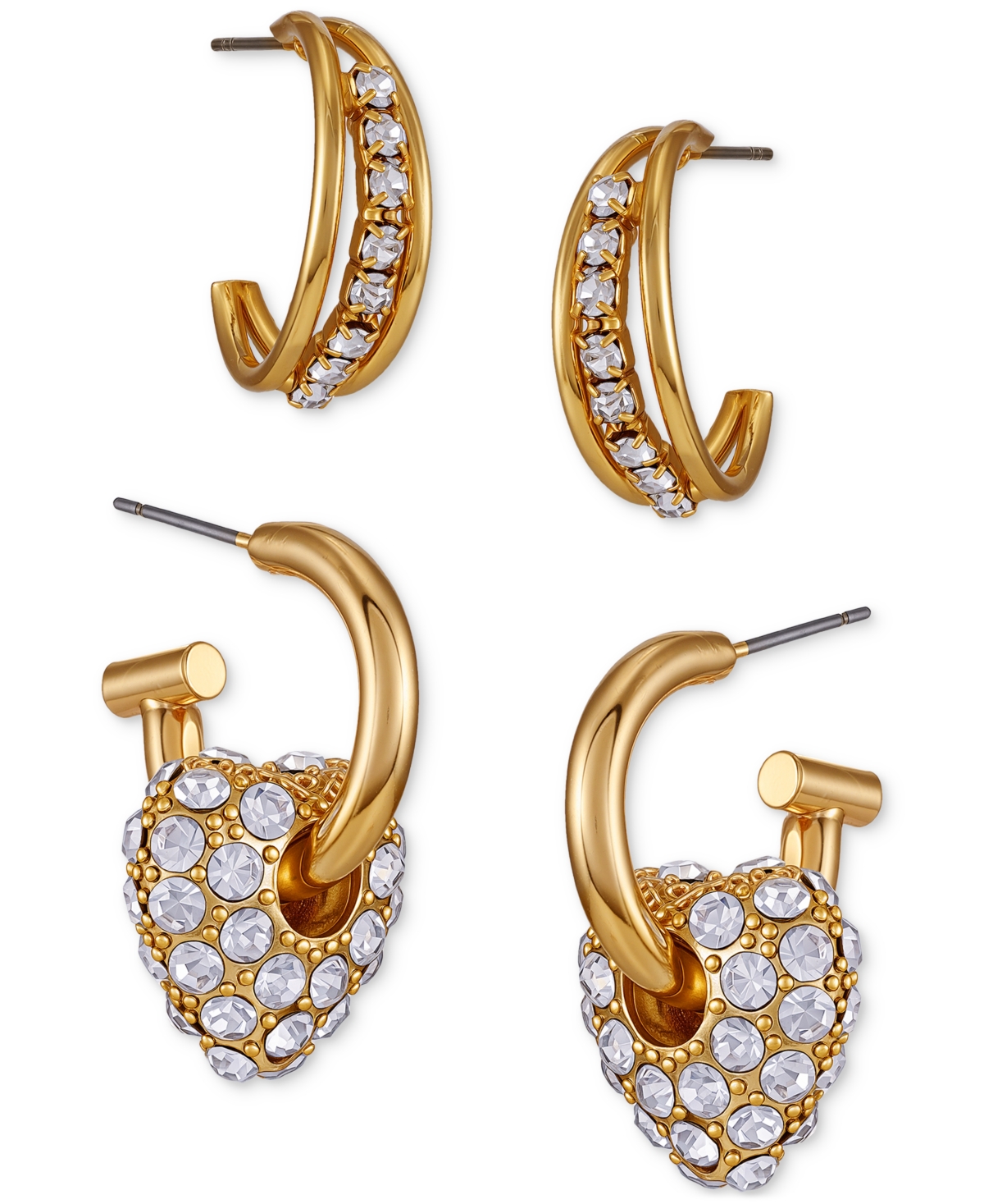 Guess Gold-tone Crystal Hoop Pave Drop Earrings, Set Of 2 In Gold