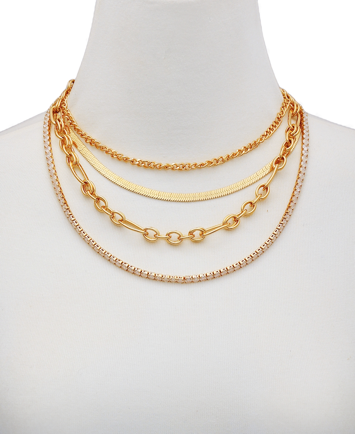 Guess Gold-tone Layered Chain Crystal Necklace In Gold