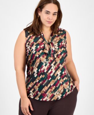 Kasper - Plus Size Printed Tie-Neck Sleeveless Top