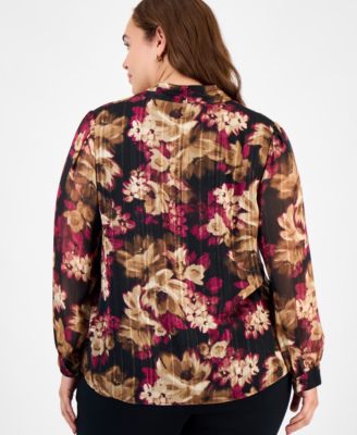 Plus Size Printed Metallic Stripe Long-Sleeve Blouse