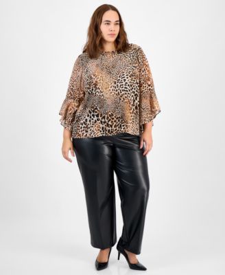 Plus Size Animal Print Ruffle-Sleeve Blouse