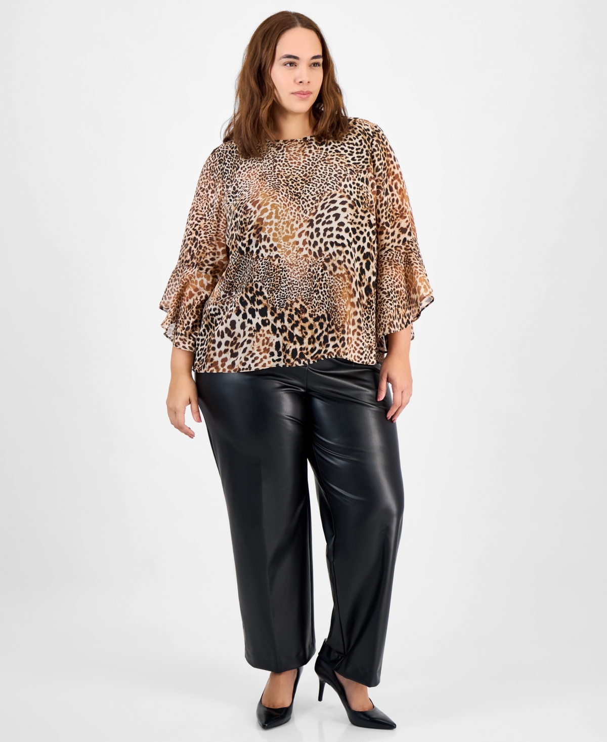 Kasper Plus Size Animal Print Ruffle-sleeve Blouse In Animal Print