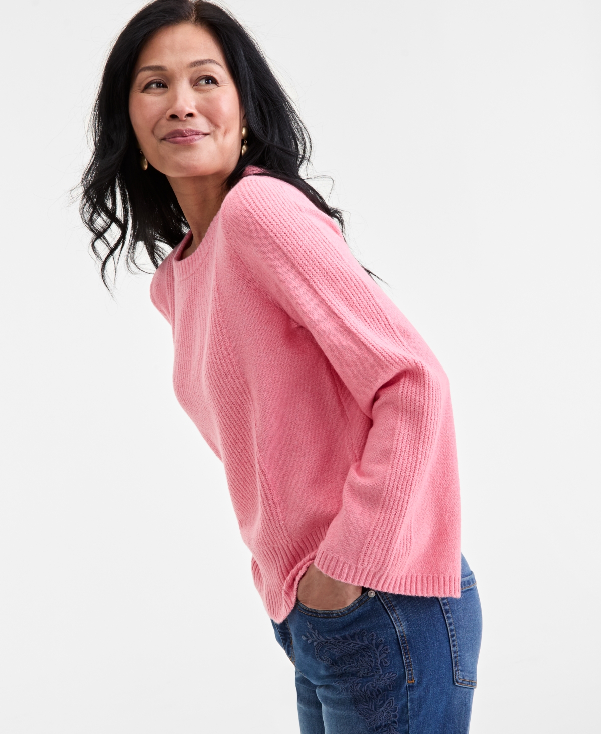 Style & Co Women's Bell-sleeve Boucle Ribbed Sweater, Macy's Exclusive In Pink