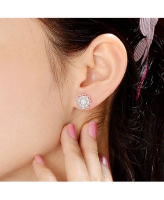 Sterling Silver Cubic Zirconia White Gold Plated  Round Lace Design Earrings