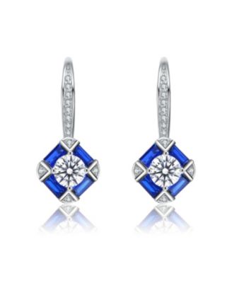 Sterling Silver White Gold Plated and Blue Cubic Zirconia Leverback Earrings