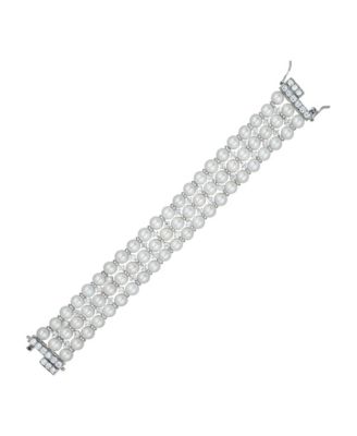 Sterling Silver White Gold Plated Cubic Zirconia 3 Row Pearl Bracelet