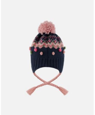 Girl Lined Peruvian Knit Pompom Hat Navy Blue and Pink - Toddler|Child