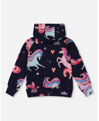 Girl Pullover Fleece Hoodie Navy Unicorn Print - Toddler|Child