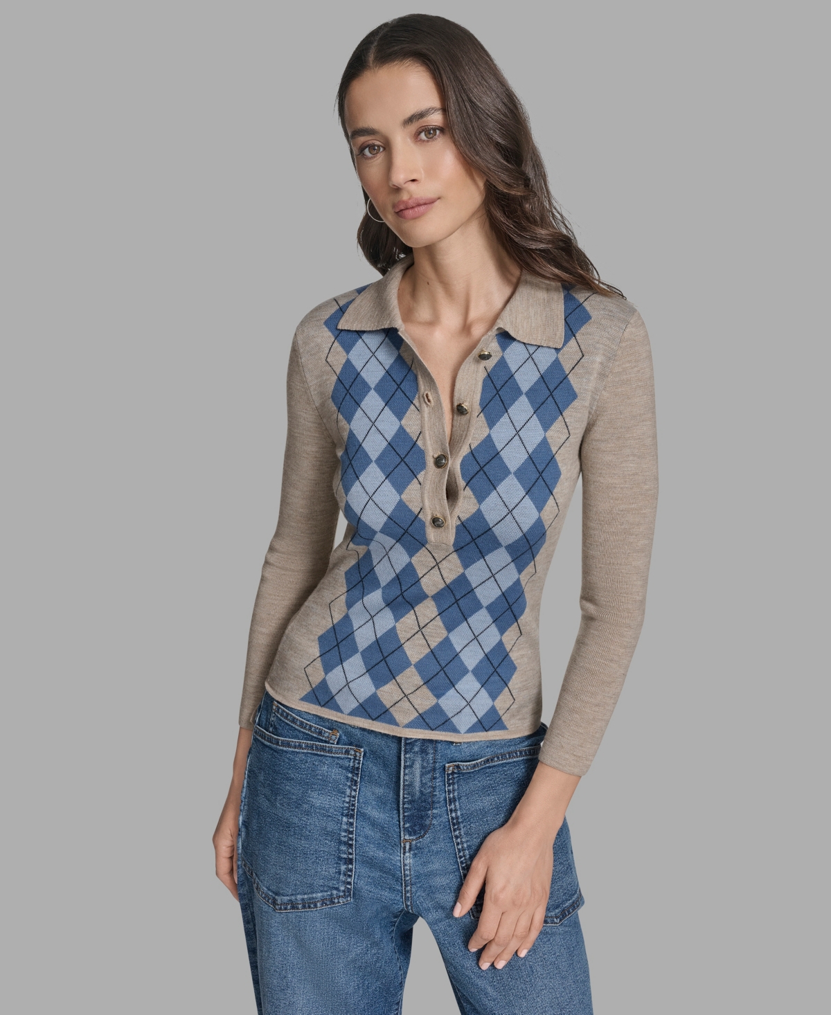 Bcbg Women's Long Sleeve Argyle Sweater In Brown