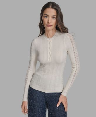 Women's Long Sleeve Mix-Stitch Henley Neck Sweater