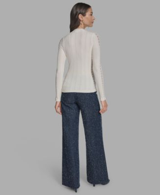 Women's Long Sleeve Mix-Stitch Henley Neck Sweater