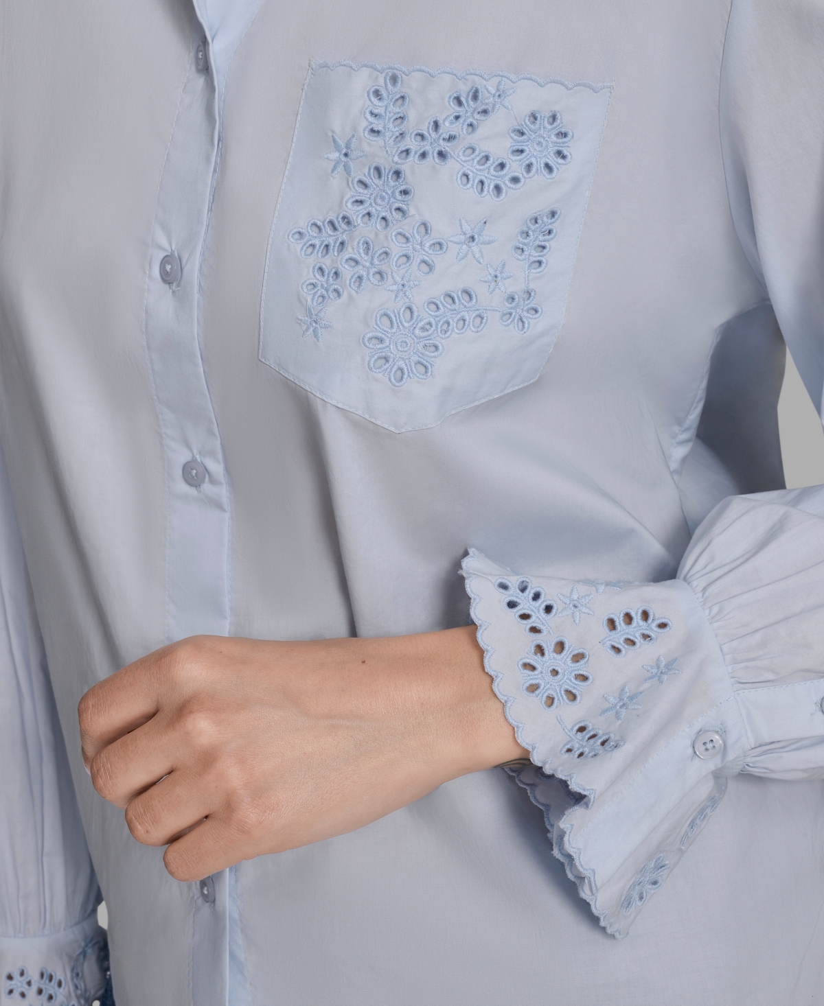Bcbg Women's Long Sleeve Button-up Embroidered Top In Blue