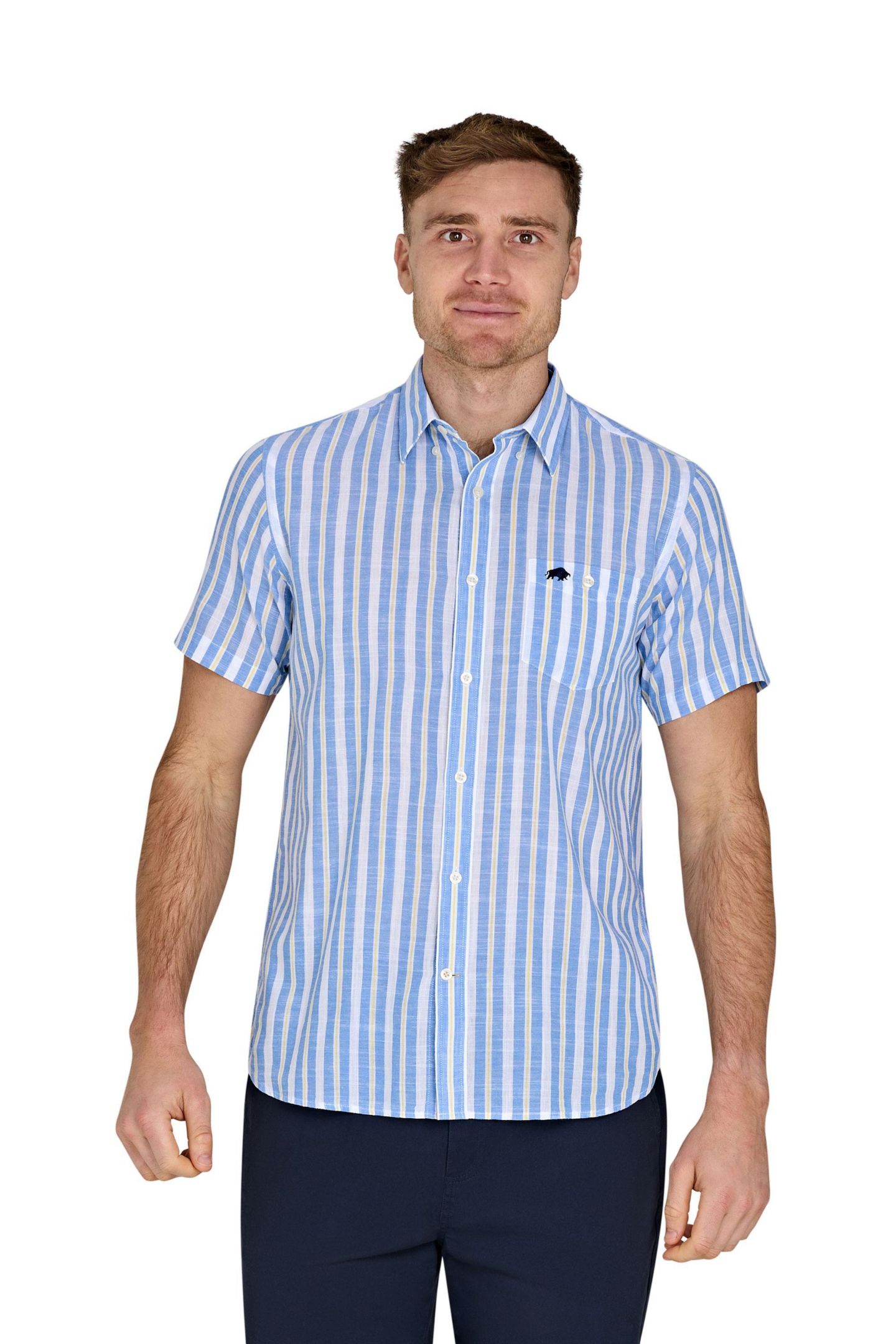 Мужская рубашка Raging Bull Short Sleeve Cotton Linen Look, цвет: Синий — фото 1