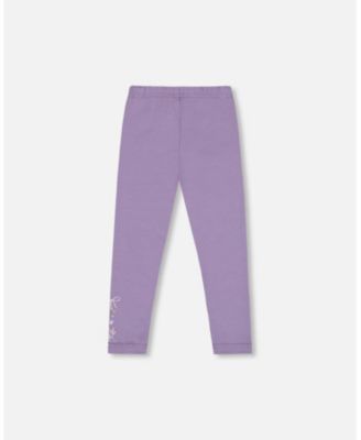 Baby Girl Cotton Jersey Leggings Purple Gray with Floral Detail - Baby