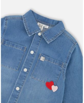 Toddler Girls Denim Shirt Light Blue with Patch Pockets and Apple Patch - Toddler|Child