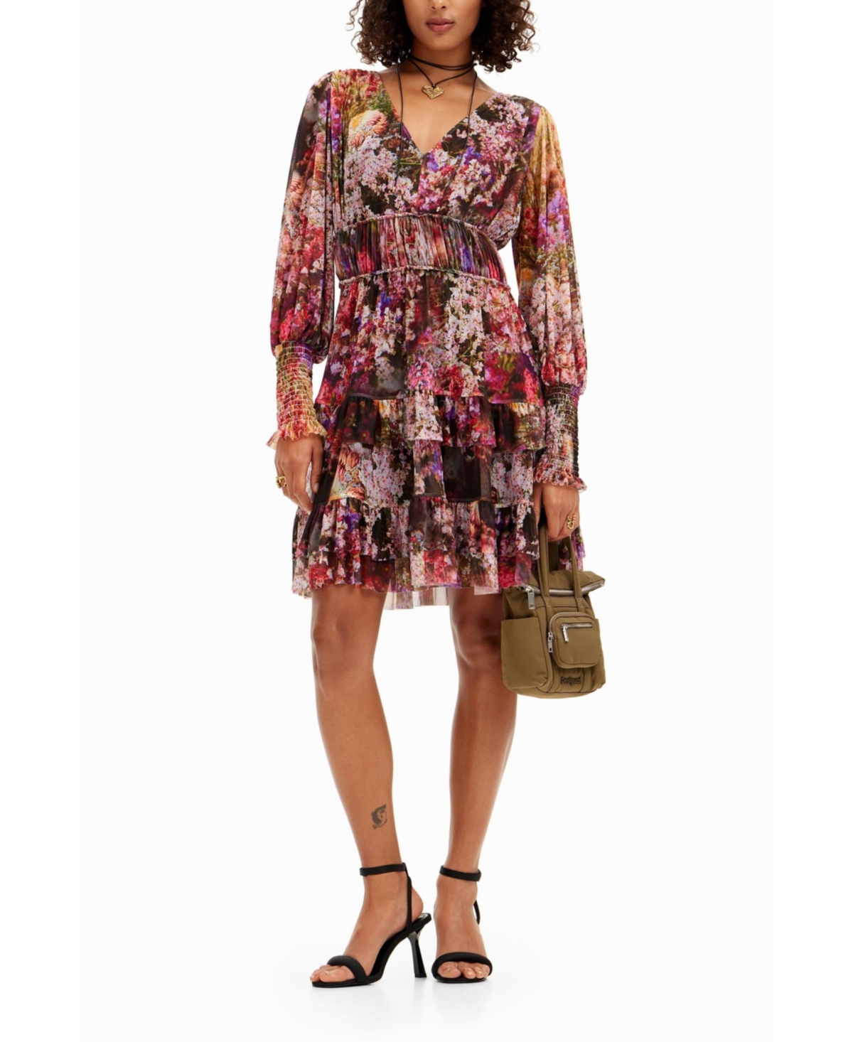 Women's Short dress with long puffed sleeves and floral print. - Multi