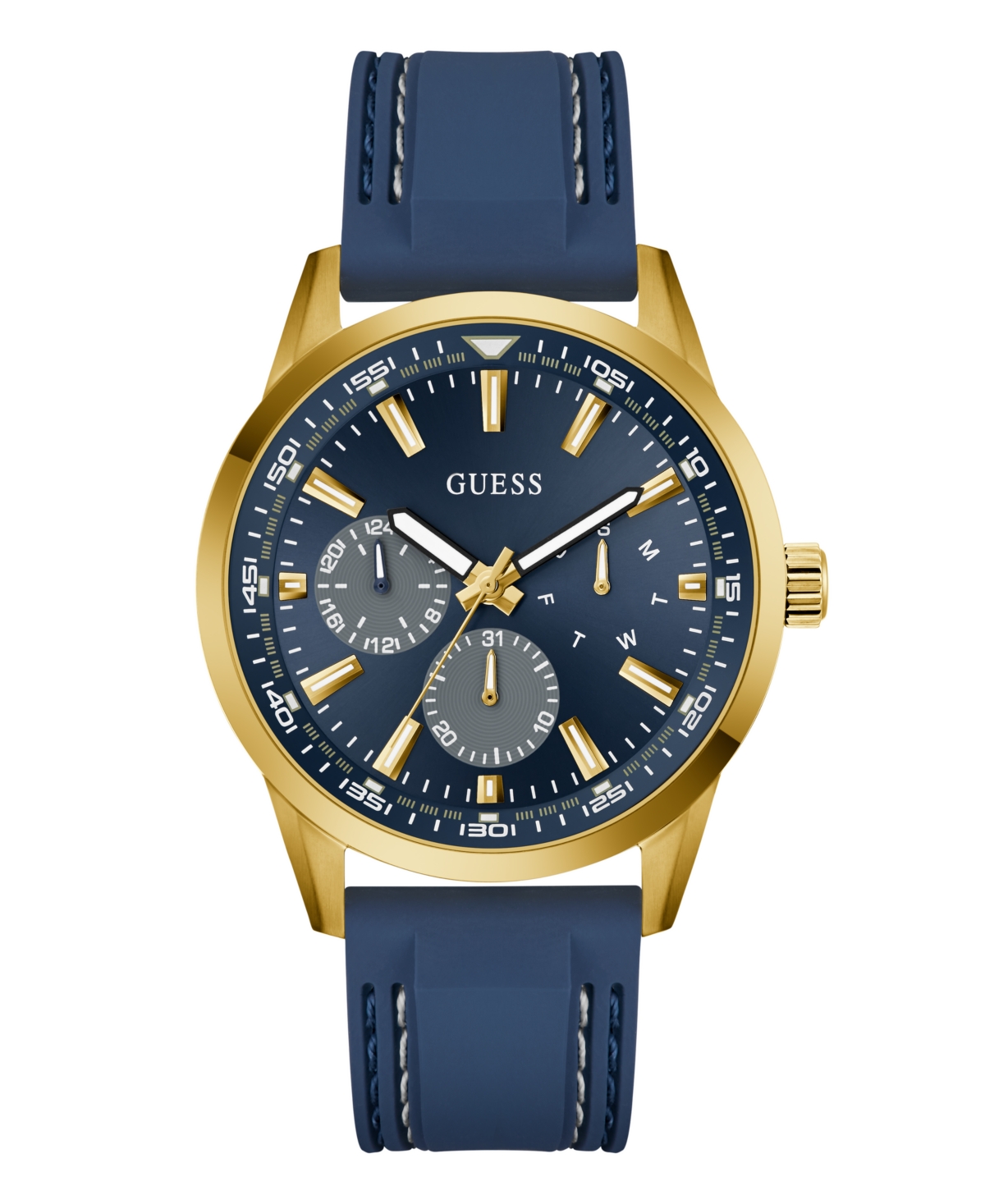 Guess Men's Blue Gold Tone Multi-function Watch, 44mm In Blue
