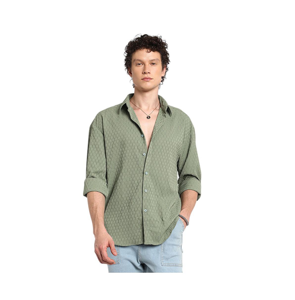 Men's Fern Green Honeycomb-Textured Oversized Shirt - Green