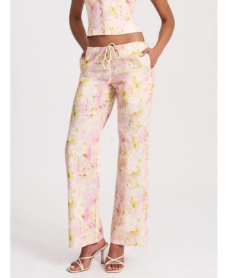 Women's Laureen Pink Floral Print Linen Straight Pants