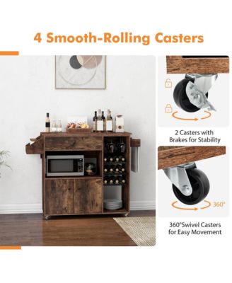 Drop-Leaf Kitchen Island Cart with Power Outlet, Microwave Shelf, Wine Rack & Drawer