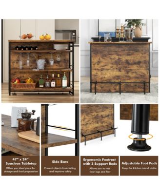 47" Metal, MDF Wine Rack, Glass Holders, Footrest, 4-Tier Shelf Industrial Kitchen Island Bar Table