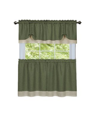 Flax Styled Semi Sheer 3 Piece Tie-Up Kitchen Curtain Tier & Valance Set - 58 in. W x 36 in. L, Sage/Tan