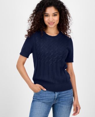 Nautica Jeans - Women's Cotton Cable-Knit Short-Sleeve Sweater