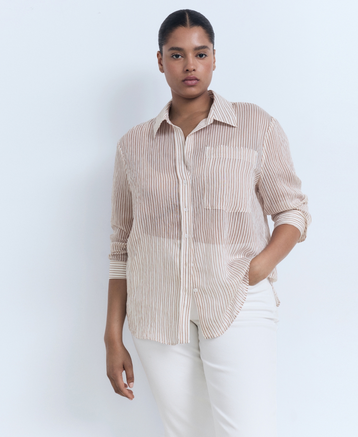 Mango Stripe Sheer Long-sleeve Button-up Shirt In Neutral