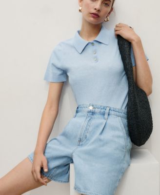 Women's Mid-Rise Denim Pleated Bermuda Shorts