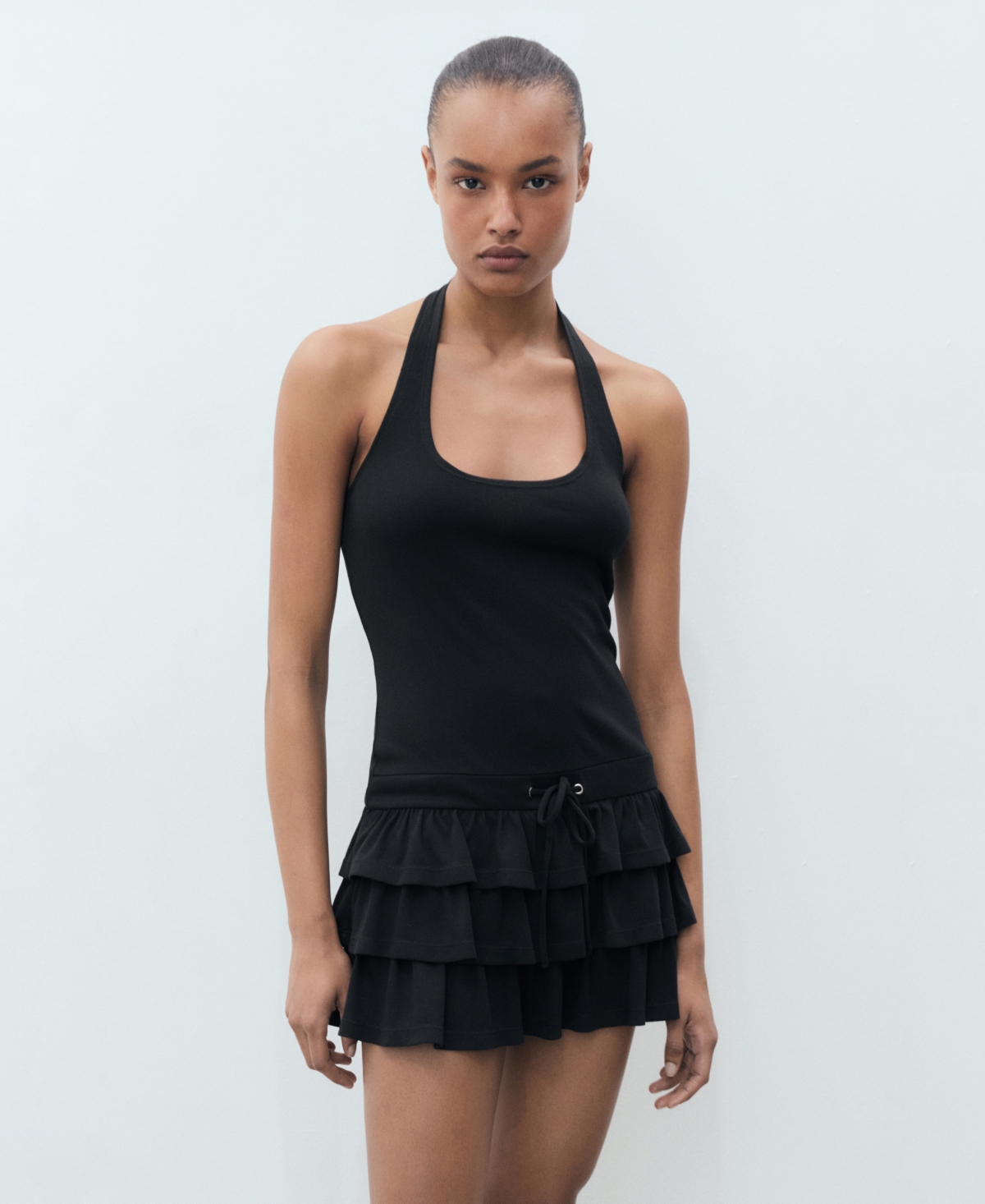 Mango Ruffle Hem Halter Minidress In Black