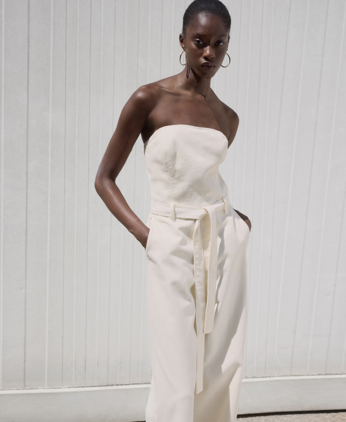 Women's Belted Denim Jumpsuit - White