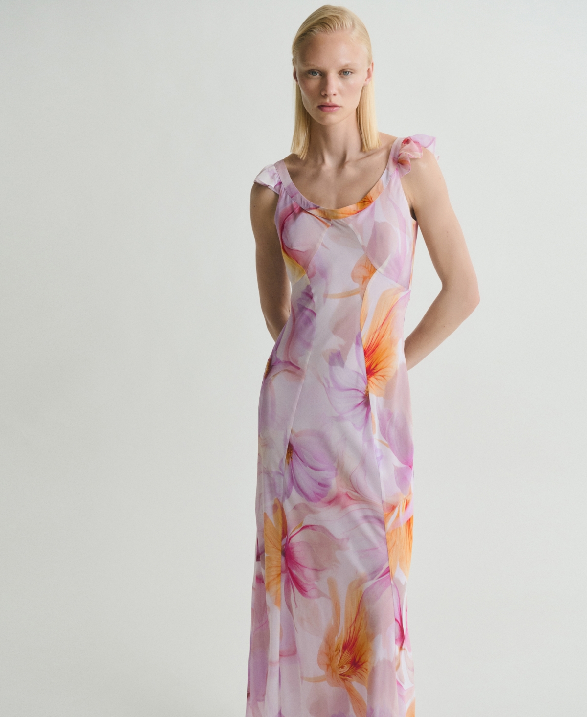Mango Floral Ruffle Chiffon Maxi Dress In Purple
