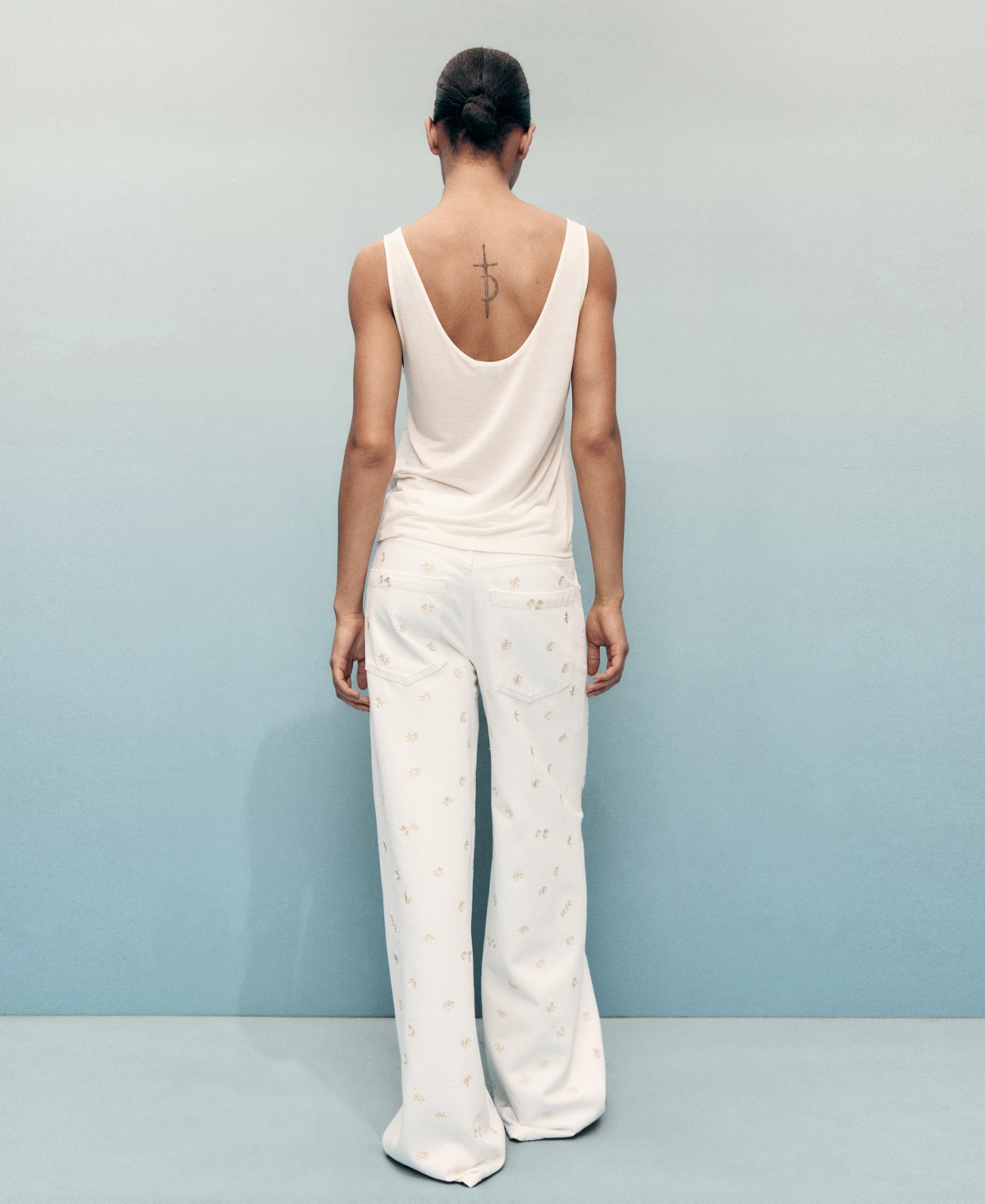 Mango Flower Embroidered Wide Leg Jeans In White