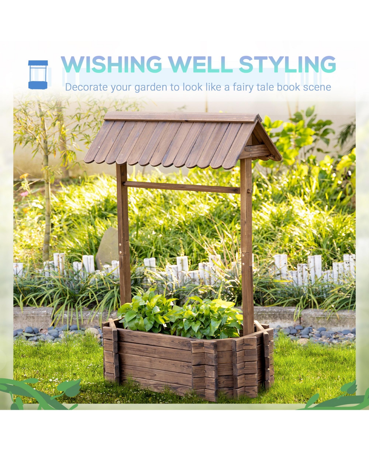 Outsunny Wooden Wishing Well Raised Garden Bed, Flower Planter,